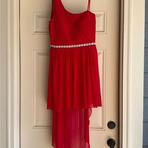 Elegant Red one shoulder Dress with Embellished Waist